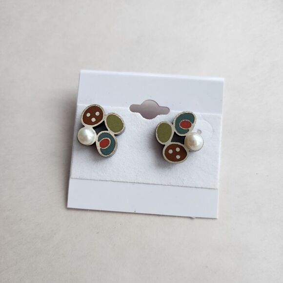 Susan Kinzig Design Four Clover Earrings Blue Clay & Pearl Post Back 925 Silver - Picture 2 of 11